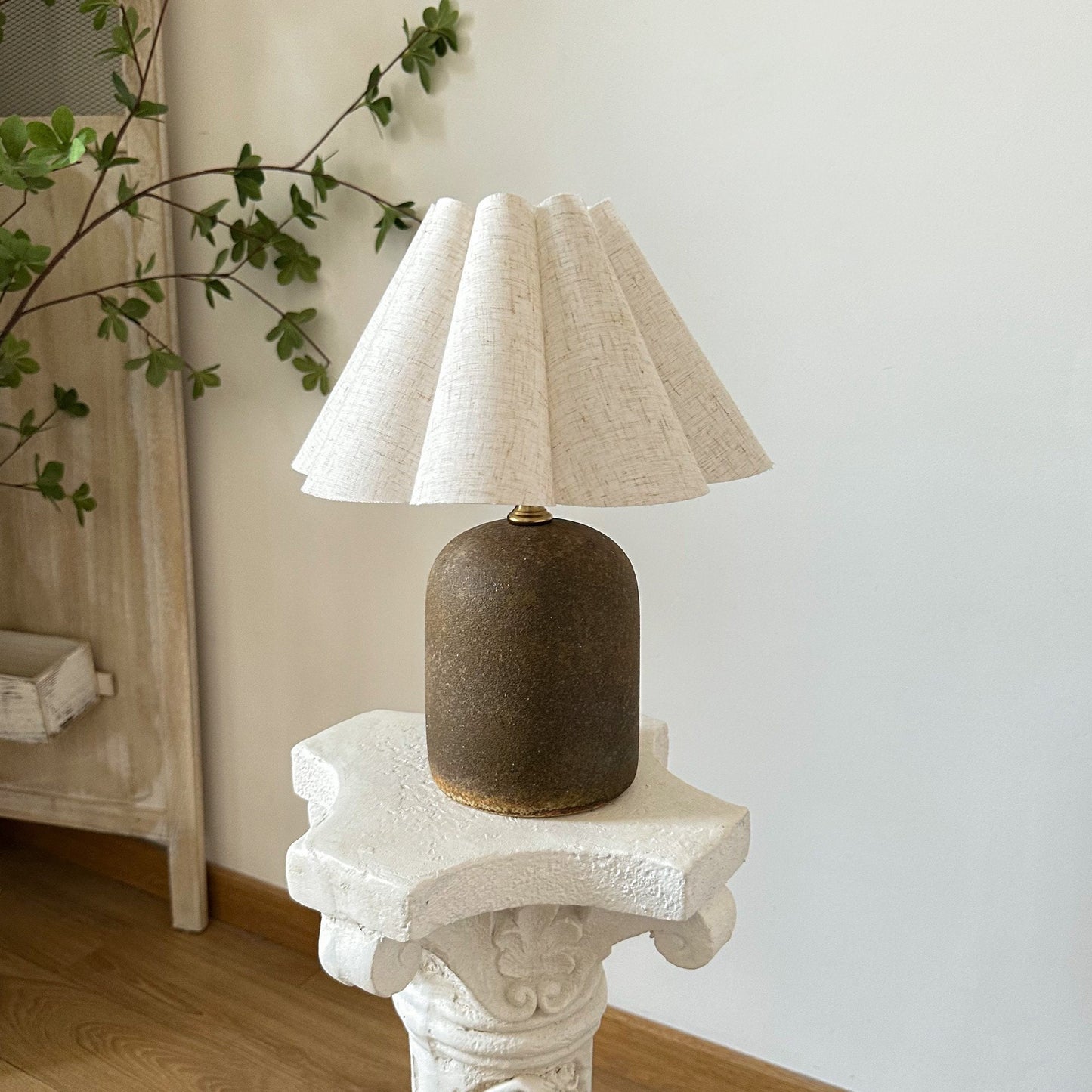 Handmade Stoneware Table Lamp with Pleated Shade – Ceramic Base 3 Light Modes