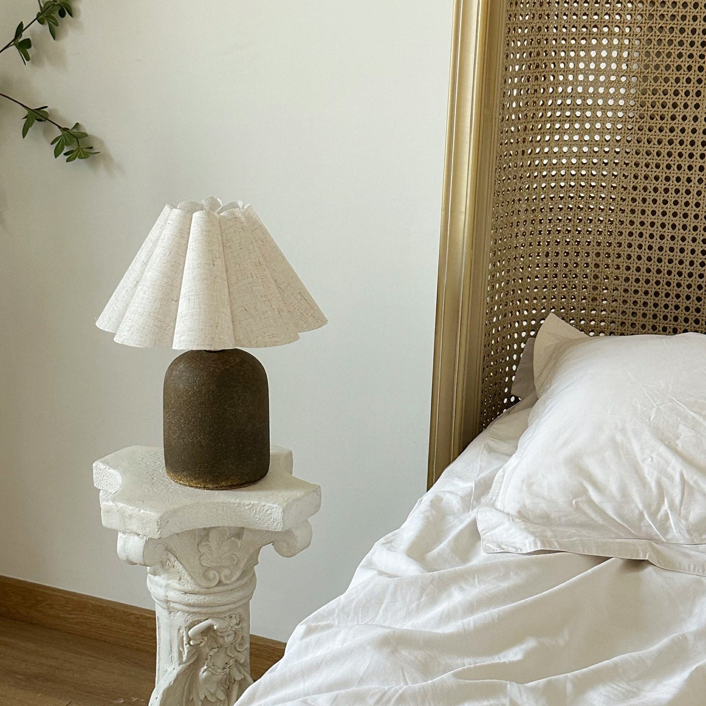Handmade Stoneware Table Lamp with Pleated Shade – Ceramic Base 3 Light Modes