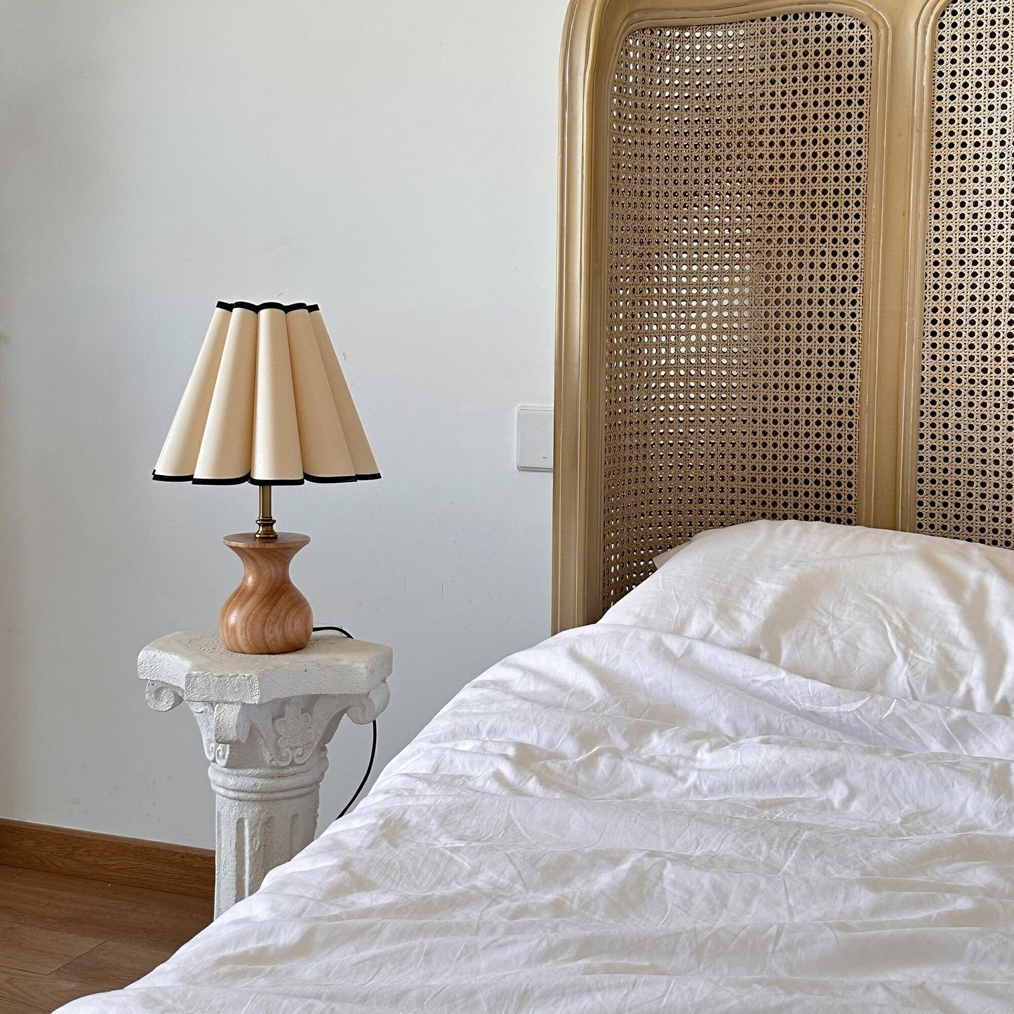 Handmade Oak Wood Vintage Table Lamp with Pleated Shade