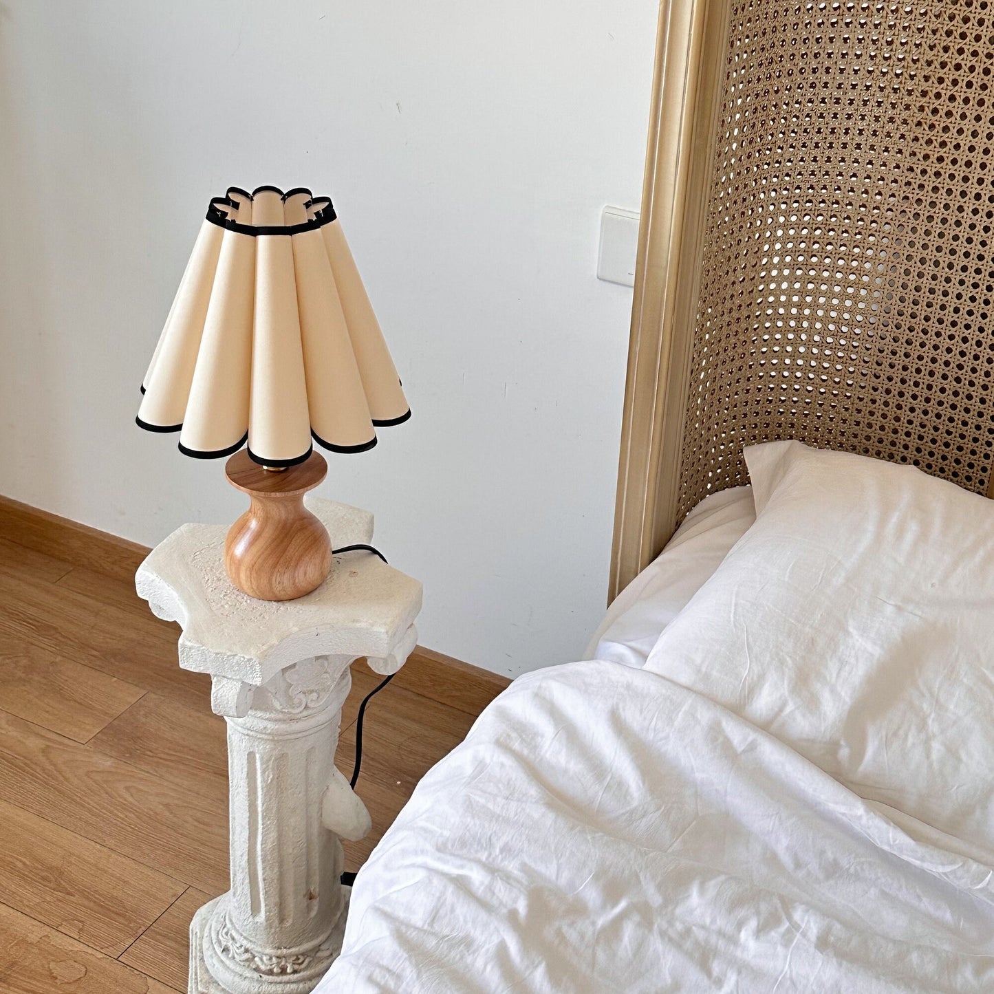 Handmade Oak Wood Vintage Table Lamp with Pleated Shade