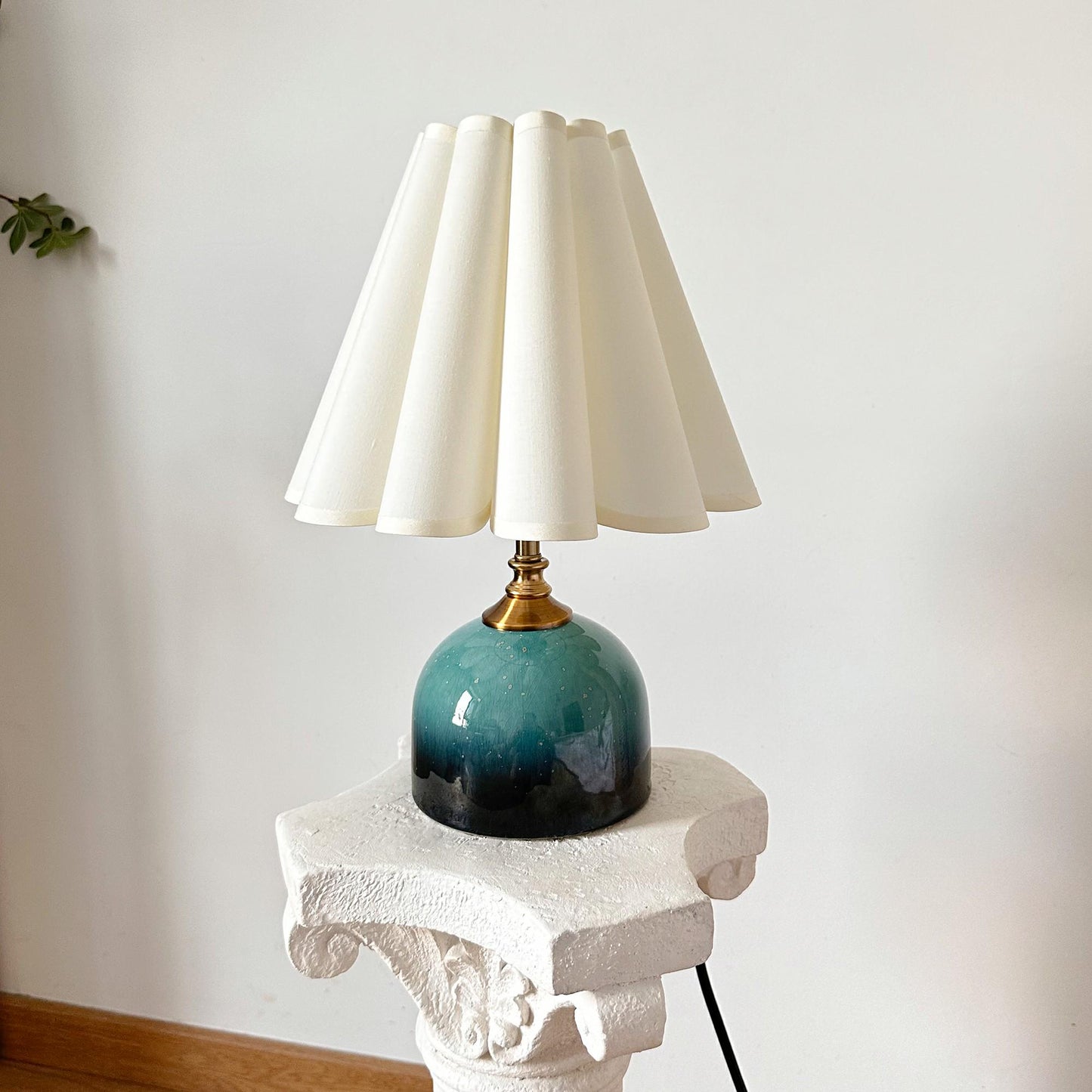 Handmade Green Cyan Glaze Ceramic Table Lamp with Pleated Shade