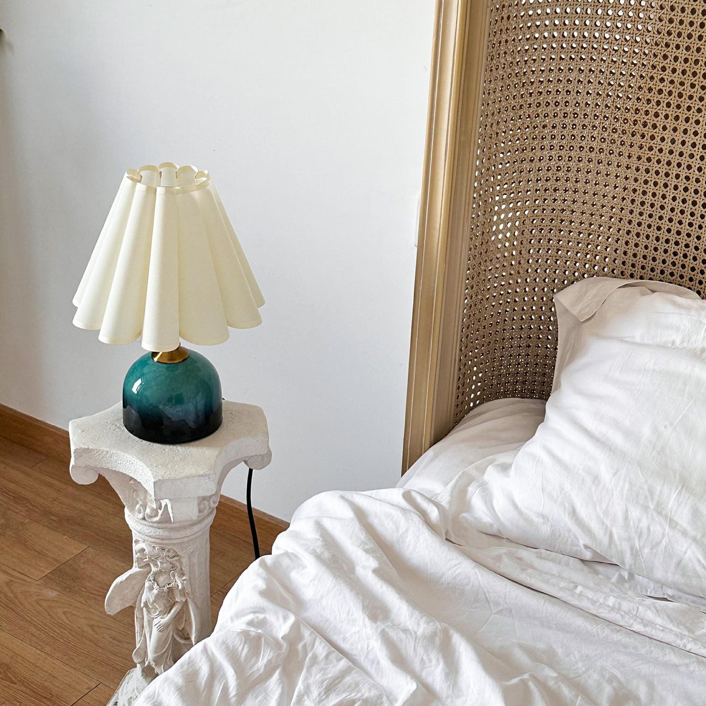 Handmade Green Cyan Glaze Ceramic Table Lamp with Pleated Shade