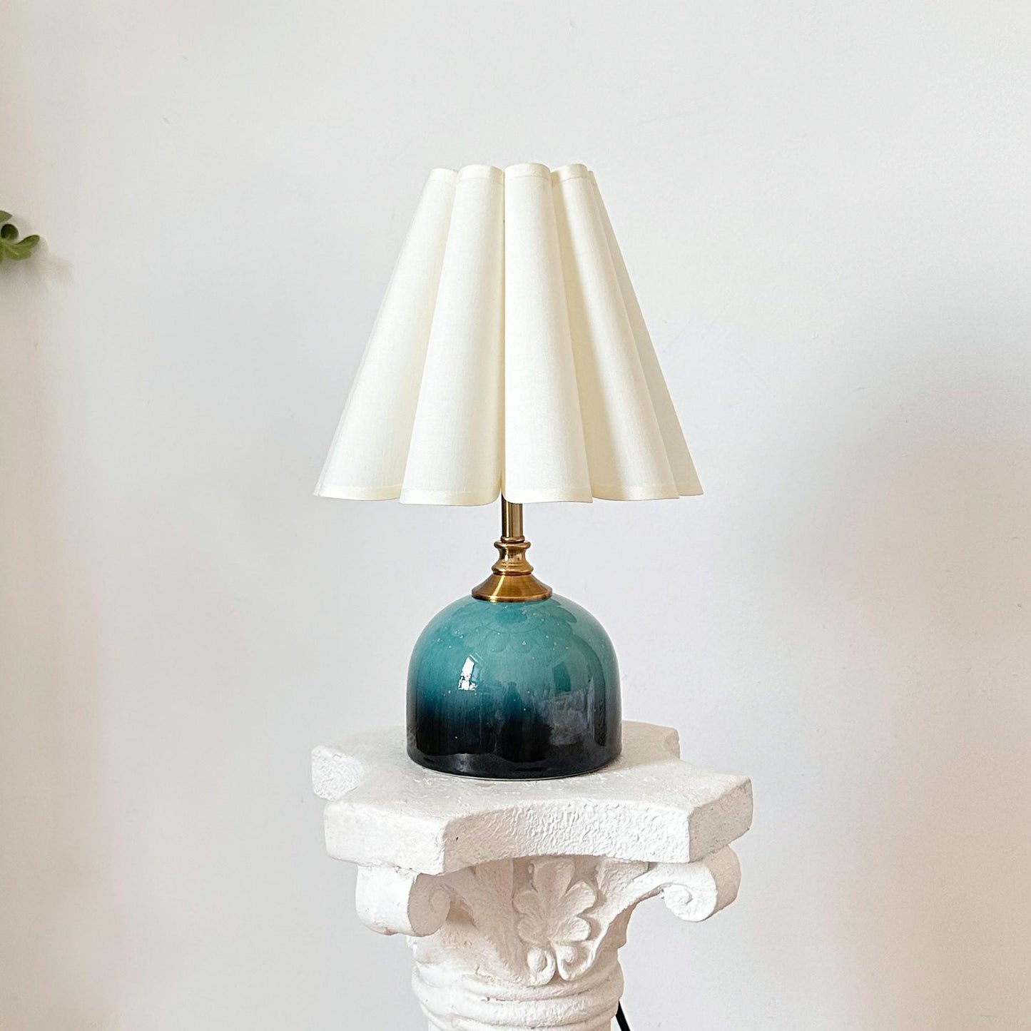 Handmade Green Cyan Glaze Ceramic Table Lamp with Pleated Shade