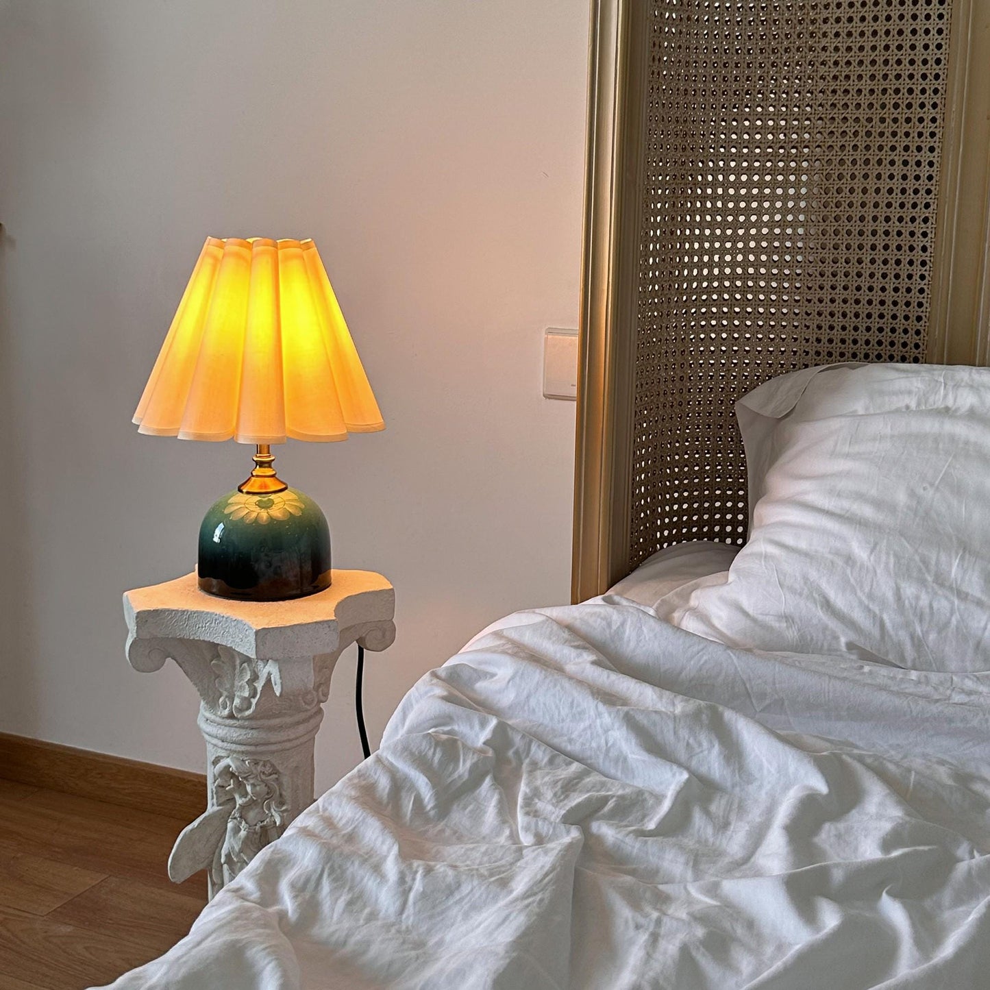 Handmade Green Cyan Glaze Ceramic Table Lamp with Pleated Shade