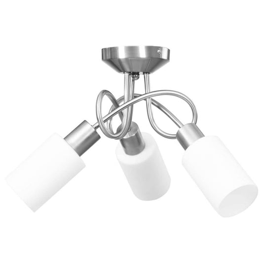 Ceiling light fixture with three white lampshades on a white background