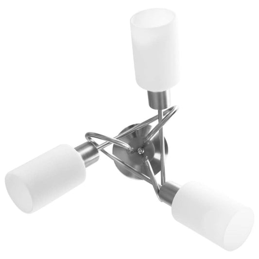 Ceiling light fixture with three white lampshades on a white background