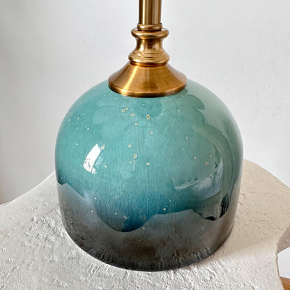 Handmade Green Cyan Glaze Ceramic Table Lamp with Pleated Shade