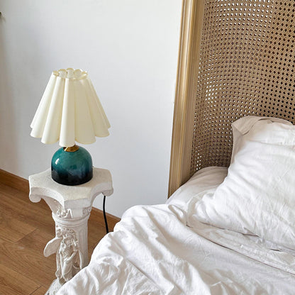 Handmade Green Cyan Glaze Ceramic Table Lamp with Pleated Shade