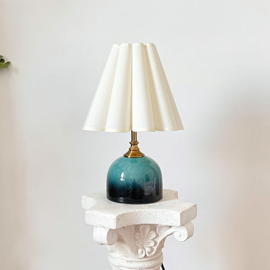 Handmade Green Cyan Glaze Ceramic Table Lamp with Pleated Shade